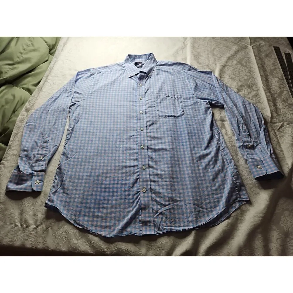 Vineyard Vines PINK BLUE Checked‎ Long Sleeve Cotton SLIM FIT TUCKER Shirt Large